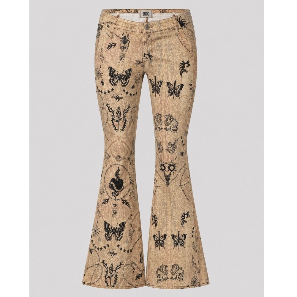 Vintage BDG Urban Outfitters Tattoo Print V Flare Pants Y2K Grunge Size 27